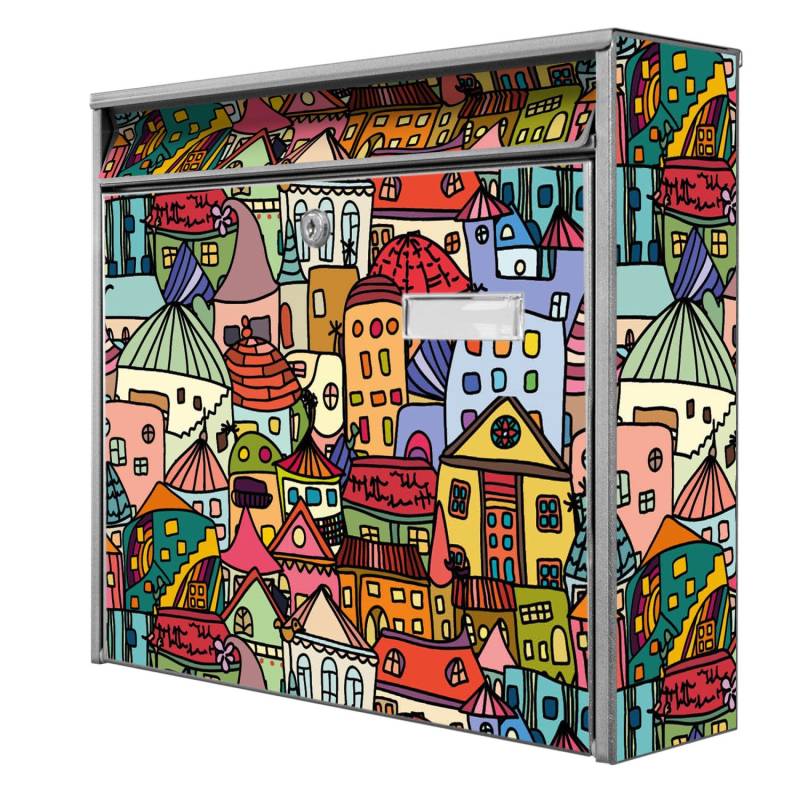 Banjado Briefkasten Silber 36.2x32.2x10cm Groß / Inkl. Montagematerial & 2 Schlüsseln / Mit Namensschild Motiv Funky Town von Banjado
