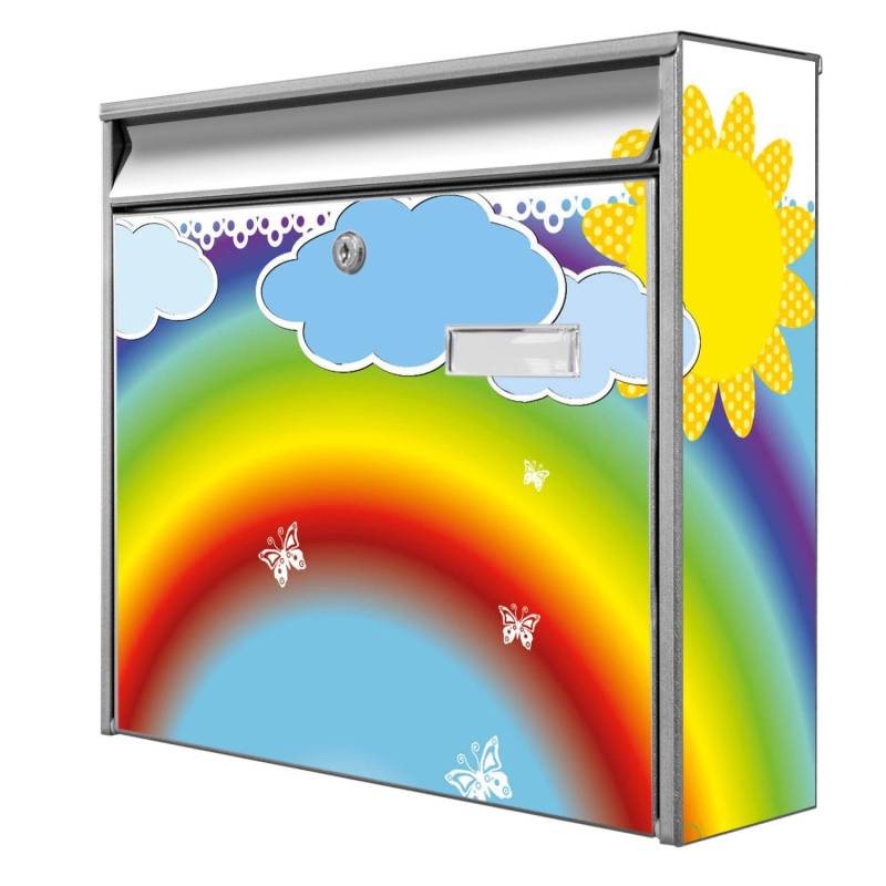 Banjado Briefkasten Silber 36.2x32.2x10cm Groß / Inkl. Montagematerial & 2 Schlüsseln / Mit Namensschild Motiv Regenbogen von Banjado