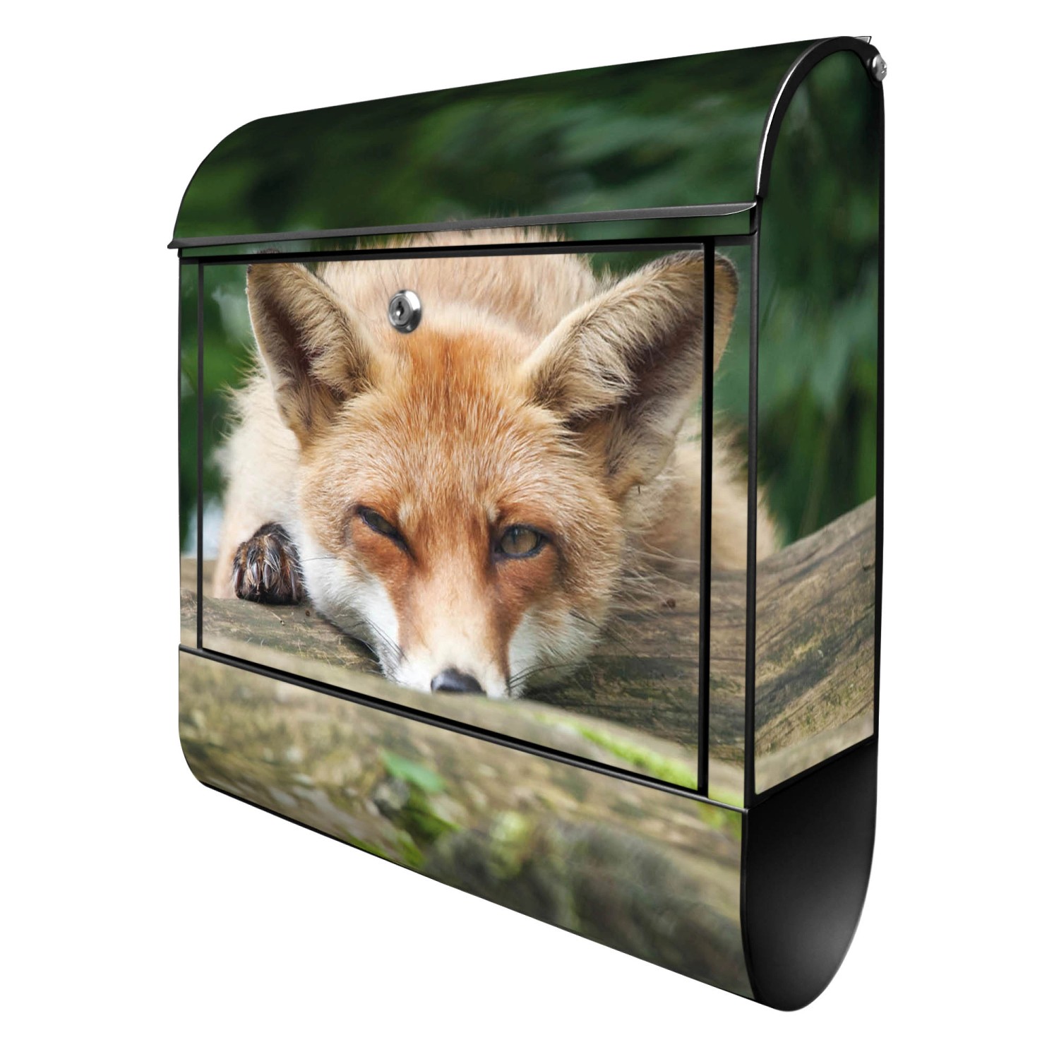 Banjado Design Briefkasten Schwarz Pulverbeschichtet, 39x47x14cm, 2 Schlüssel, Mit Zeitungsfach Motiv Fuchs Relax von Banjado