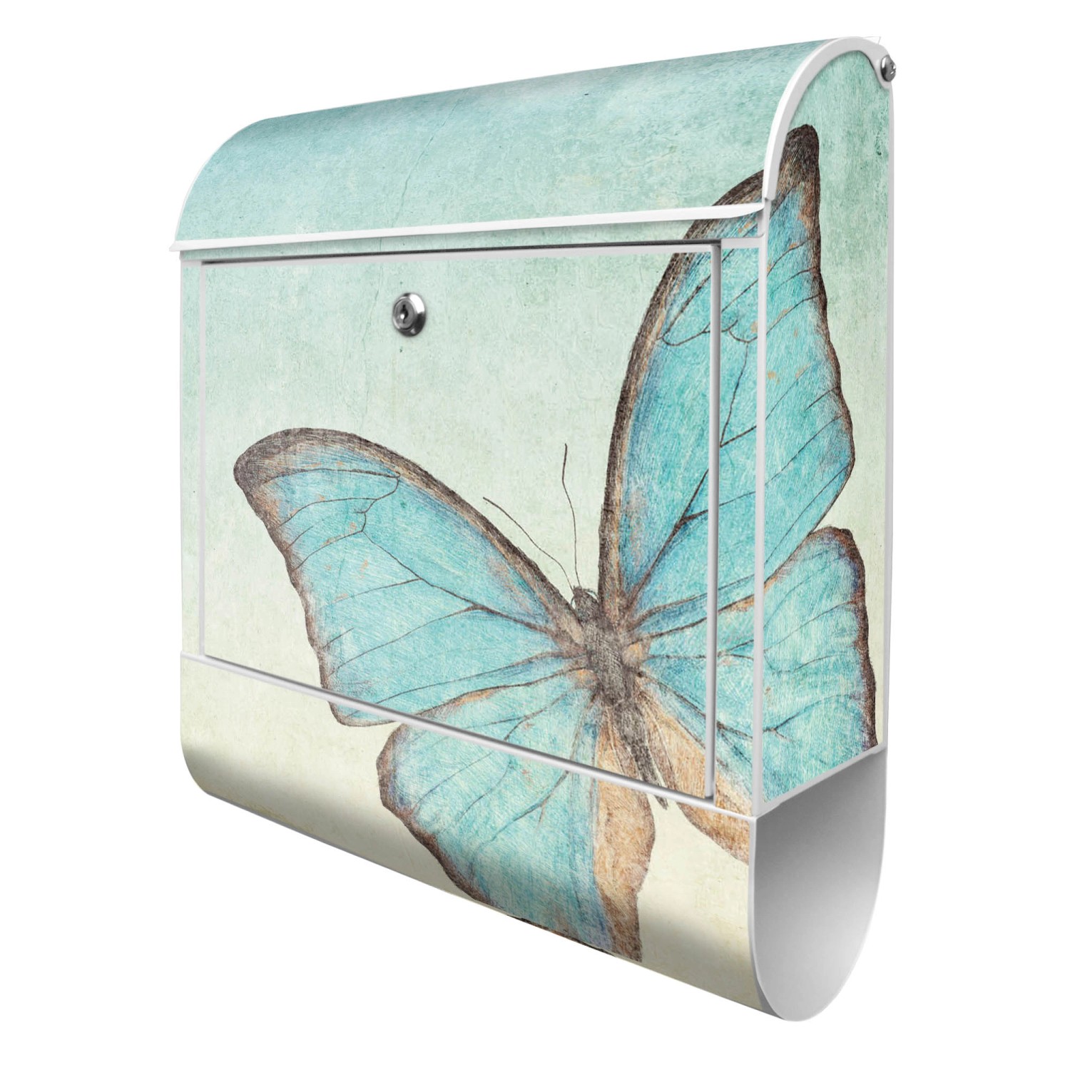 Banjado Design Briefkasten Silber Pulverbeschichtet, 39x47x14cm, 2 Schlüssel, Mit Zeitungsfach Motiv Blaue Schmetterlinge von Banjado