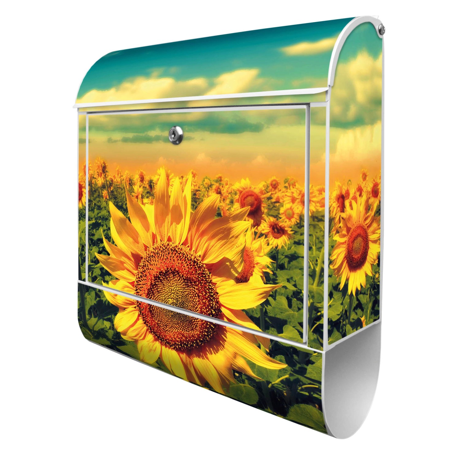 Banjado Design Briefkasten Silber Pulverbeschichtet, 39x47x14cm, 2 Schlüssel, Mit Zeitungsfach Motiv Sonnenblumen von Banjado
