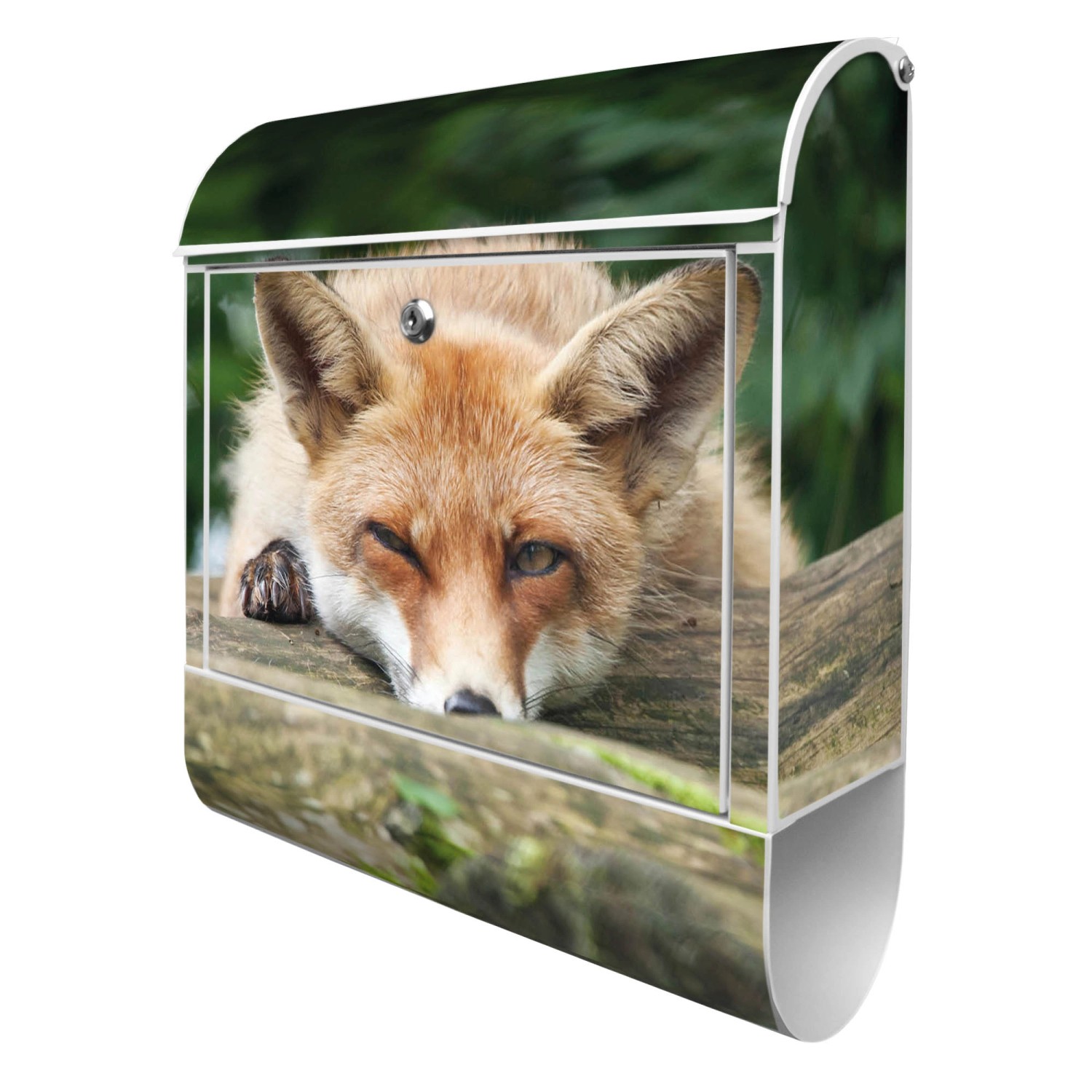 Banjado Design Briefkasten Weiß Pulverbeschichtet, 39x47x14cm, 2 Schlüssel, Mit Zeitungsfach Motiv Fuchs Relax von Banjado