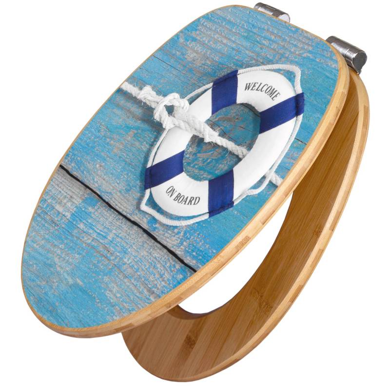 Banjado Design WC Sitz Bambus Holz Toilettendeckel Mit Absenkautomatik Klodeckel WC-Sitz Soft Close Mit Motiv Blauer Rettungsring von Banjado