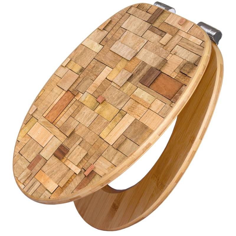 Banjado Design WC Sitz Bambus Holz Toilettendeckel Mit Absenkautomatik Klodeckel WC-Sitz Soft Close Mit Motiv Hölzernes Flickwerk von Banjado