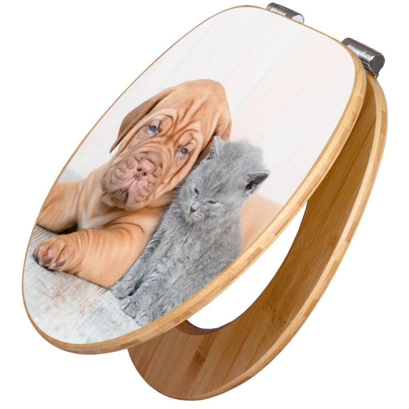 Banjado Design WC Sitz Bambus Holz Toilettendeckel Mit Absenkautomatik Klodeckel WC-Sitz Soft Close Mit Motiv Hund Und Katze von Banjado