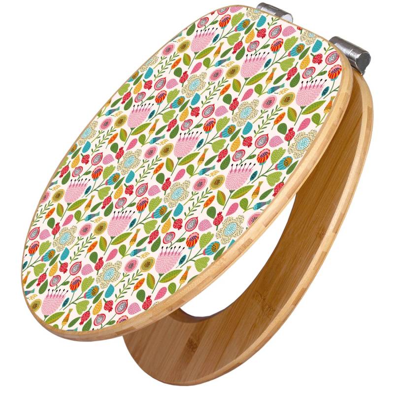 Banjado Design WC Sitz Bambus Holz Toilettendeckel Mit Absenkautomatik Klodeckel WC-Sitz Soft Close Mit Motiv Rosa Kelch Hell von Banjado