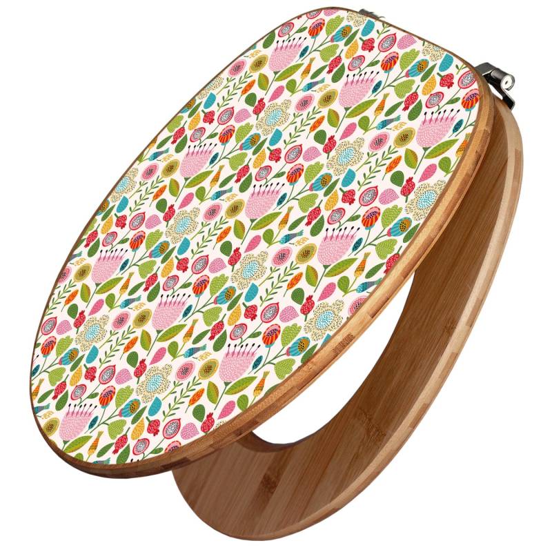 Banjado Design WC Sitz Bambus Toilettendeckel Toilettensitz Bambus Holz Klodeckel WC-Sitz Universal Scharnieren Motiv Rosa Kelch Hell von Banjado