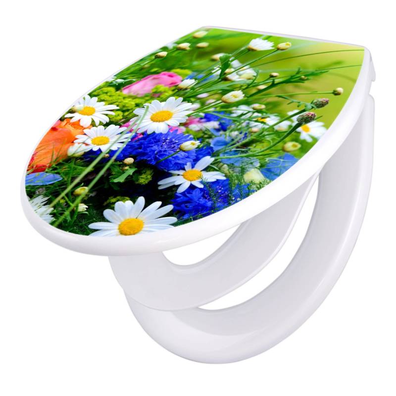 Banjado Familien WC Sitz Mit Absenkautomatik Universeller Klodeckel Mit Kindersitz Hochwertiges Polypropylen Mit Motiv Blumenstrauß von Banjado