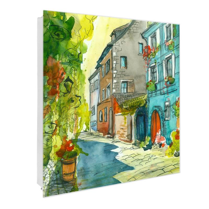 Banjado Großer Schlüsselkasten Glas 30x30cm Weiß Scharnier Links 50 Haken Beschreibbar Magnetisch Motiv Historischer Stadtkern von Banjado