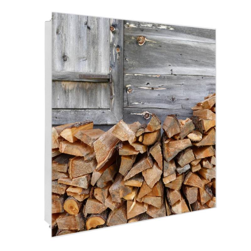 Banjado Großer Schlüsselkasten Glas 30x30cm Weiß Scharnier Rechts 50 Haken Beschreibbar Magnetisch Motiv Feuerholz von Banjado