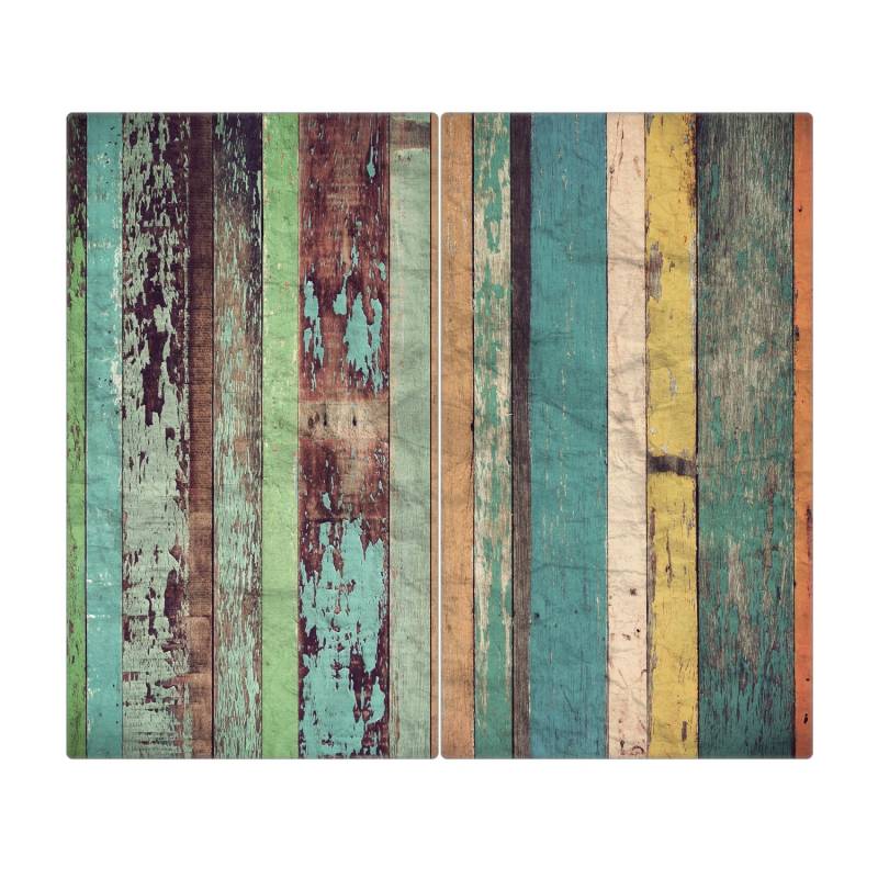 Banjado Herdabdeckplatte Glas 2 Teilig Je 30x52CM Schneidebrett Herdabdeckung Mit Motiv Bunte Bretterwand von Banjado
