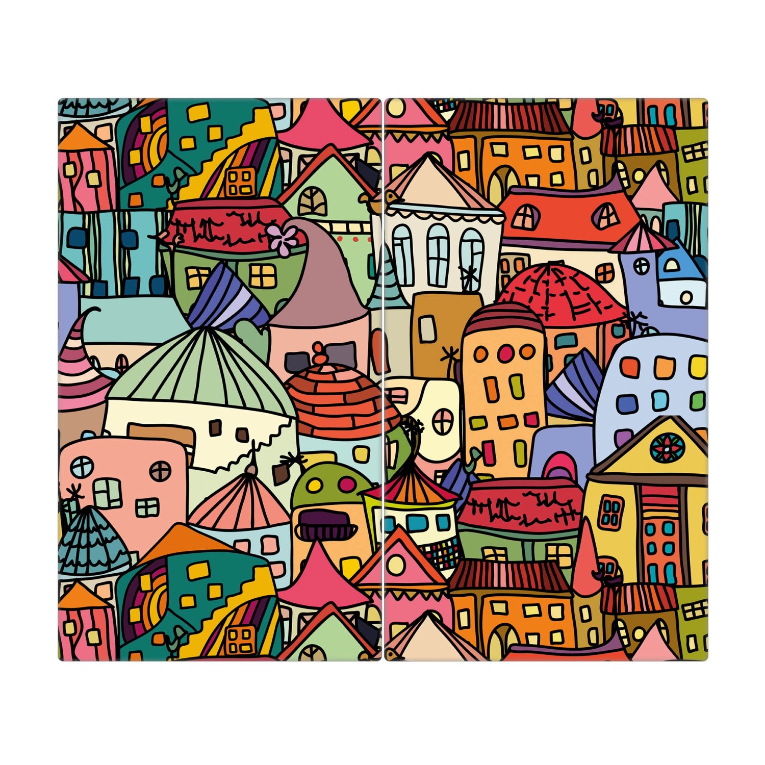 Banjado Herdabdeckplatte Glas 2 Teilig Je 30x52CM Schneidebrett Herdabdeckung Mit Motiv Funky Town von Banjado