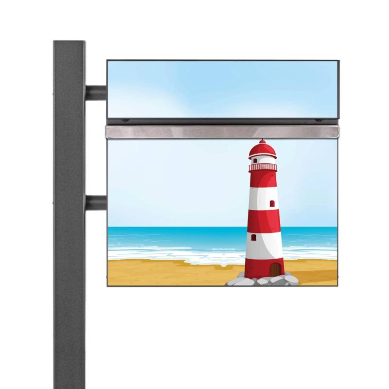 Banjado Standbriefkasten Anthrazit 45x120x16.5cm Groß Inkl. Montagematerial & 2 Schlüsseln Motiv Leuchtturm Illustration von Banjado