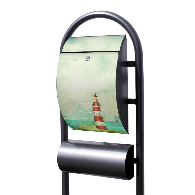 Banjado Standbriefkasten Hammerschlag Optik Größe 150x47x22cm Postkasten Freistehend Mit Zeitungsfach Motiv Alter Leuchtturm von Banjado