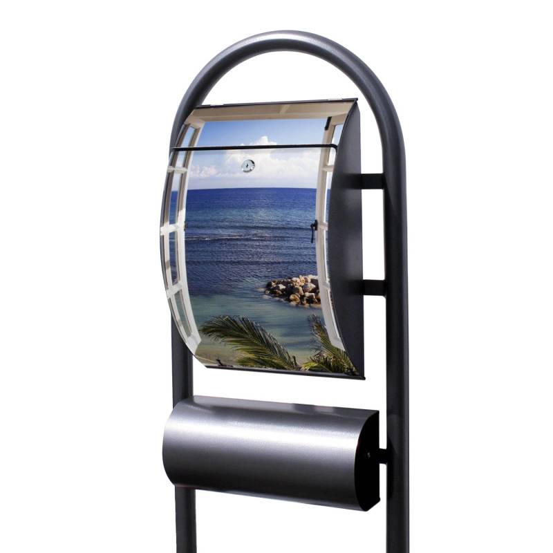 Banjado Standbriefkasten Hammerschlag Optik Größe 150x47x22cm Postkasten Freistehend Mit Zeitungsfach Motiv Fensterpanorama von Banjado