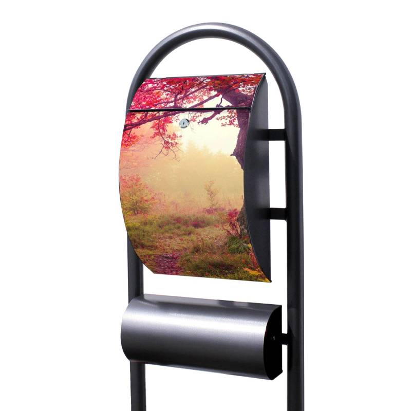 Banjado Standbriefkasten Hammerschlag Optik Größe 150x47x22cm Postkasten Freistehend Mit Zeitungsfach Motiv Lichtung Im Herbst von Banjado