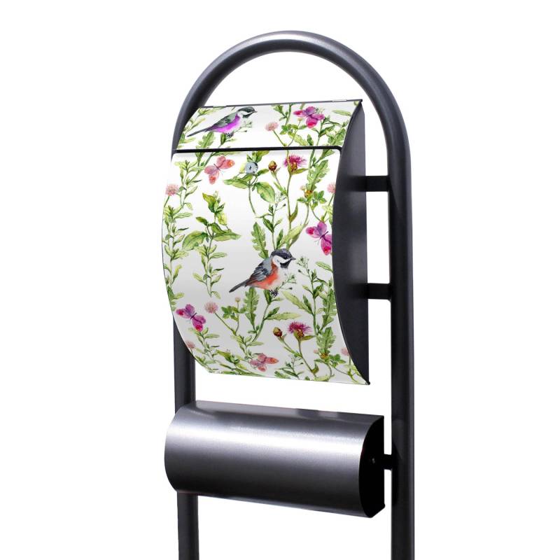 Banjado Standbriefkasten Hammerschlag Optik Größe 150x47x22cm Postkasten Freistehend Mit Zeitungsfach Motiv Meisen Im Klee von Banjado