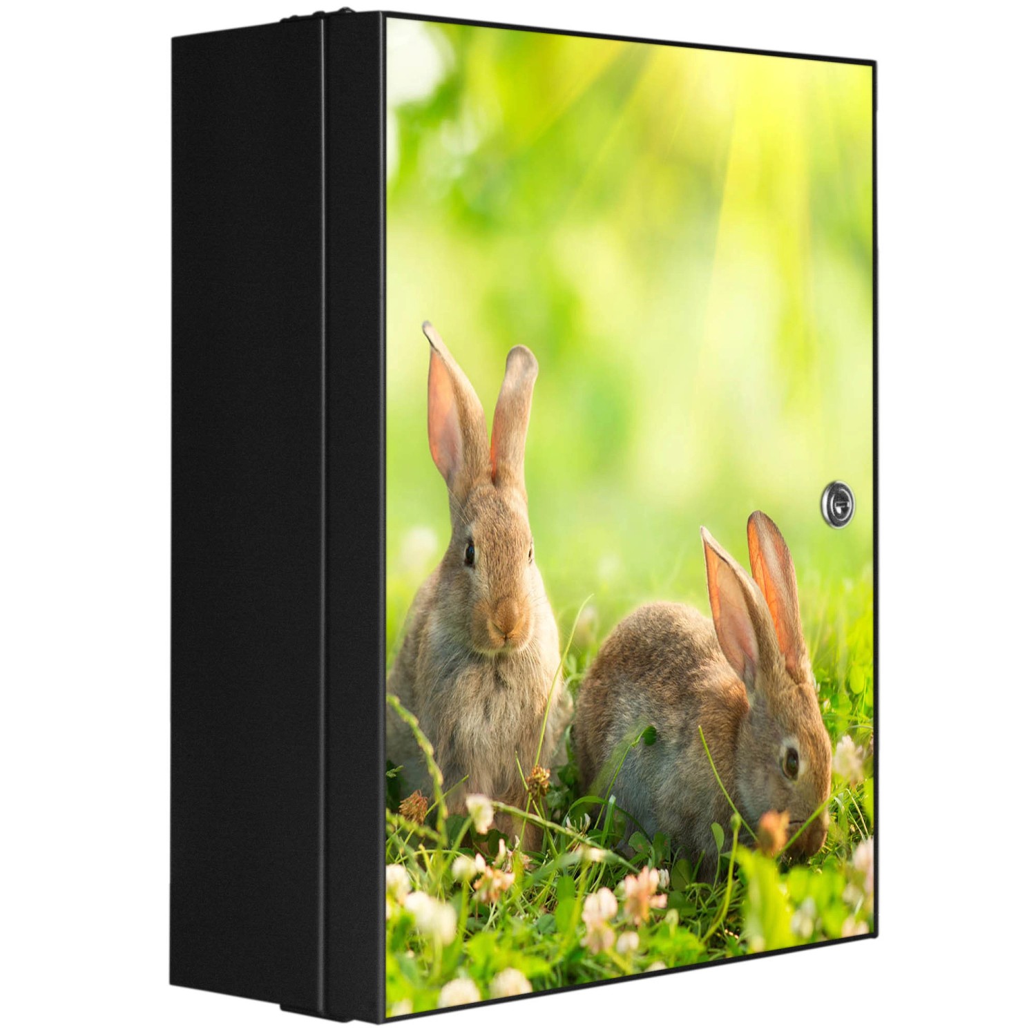 Banjado XXL Medizinschrank Abschliessbar 35x46x15cm Arzneischrank Anthrazit Aus Metall Front Mit Motiv Drei Hasen von Banjado