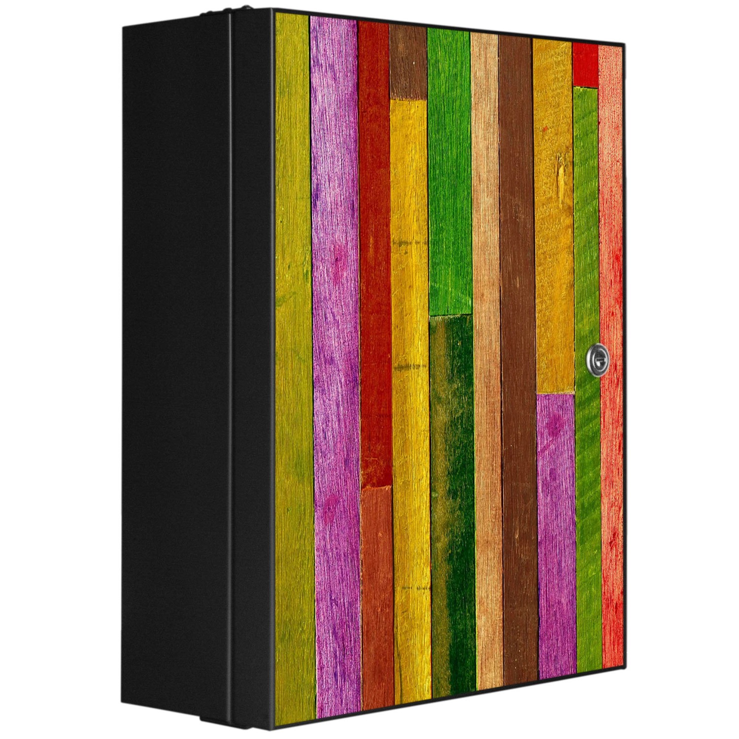 Banjado XXL Medizinschrank Abschliessbar 35x46x15cm Arzneischrank Anthrazit Aus Metall Front Mit Motiv Holz Collage Bunt von Banjado