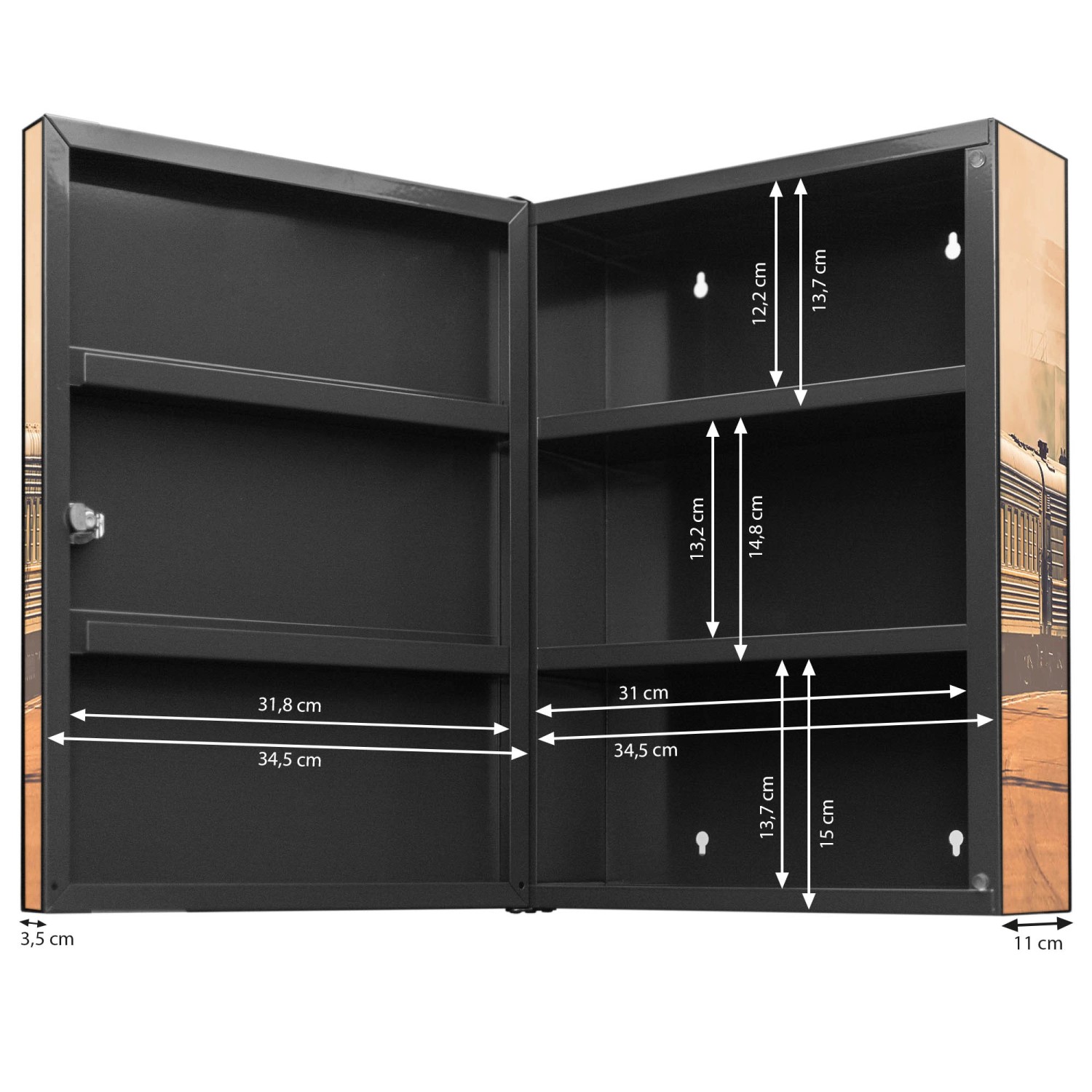 Banjado XXL Medizinschrank Abschliessbar 35x46x15cm Arzneischrank Anthrazit Aus Metall Mit Motiv Einfahrender Zug von Banjado