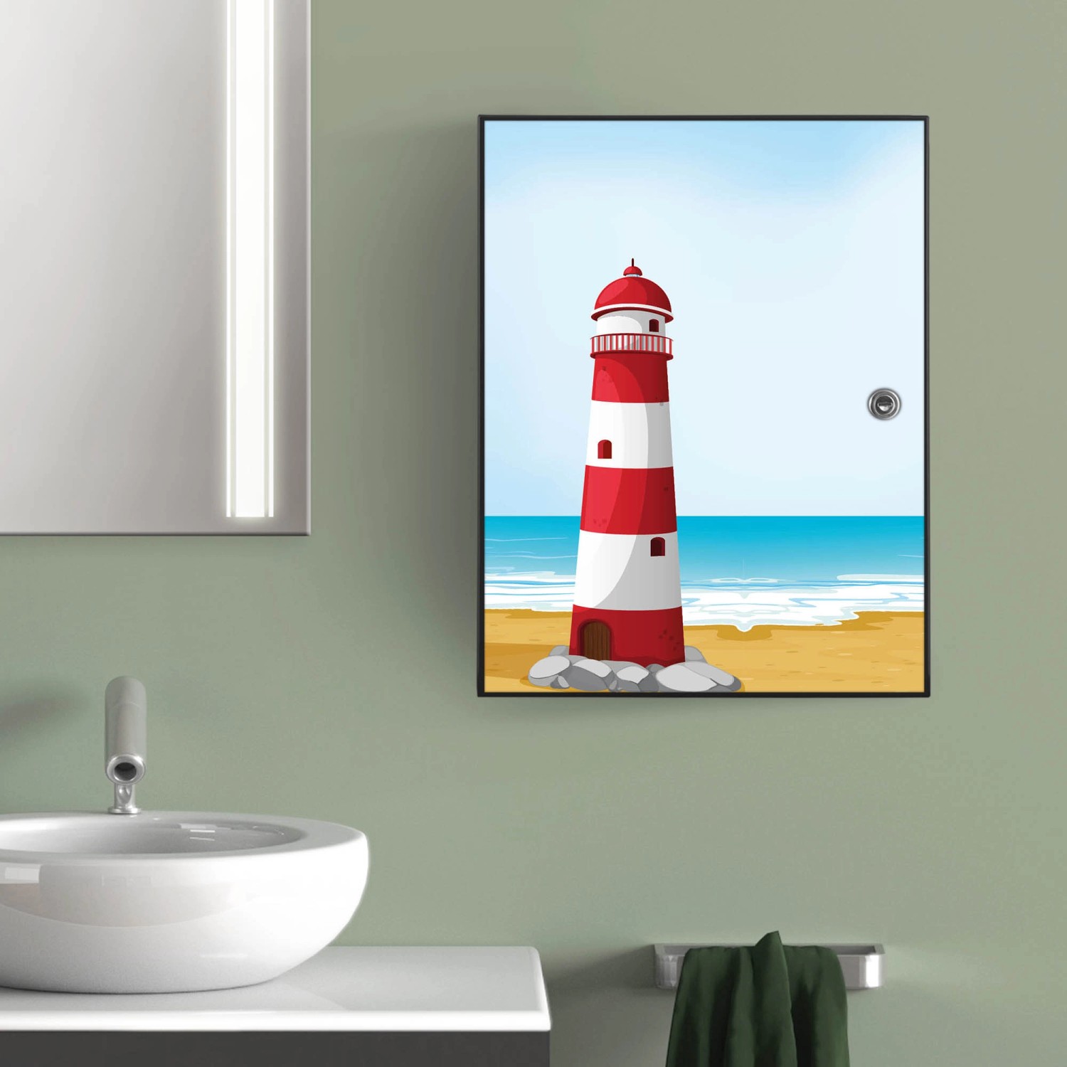 Banjado XXL Medizinschrank Abschliessbar 35x46x15cm Arzneischrank Anthrazit Aus Metall Mit Motiv Leuchtturm Illustration von Banjado