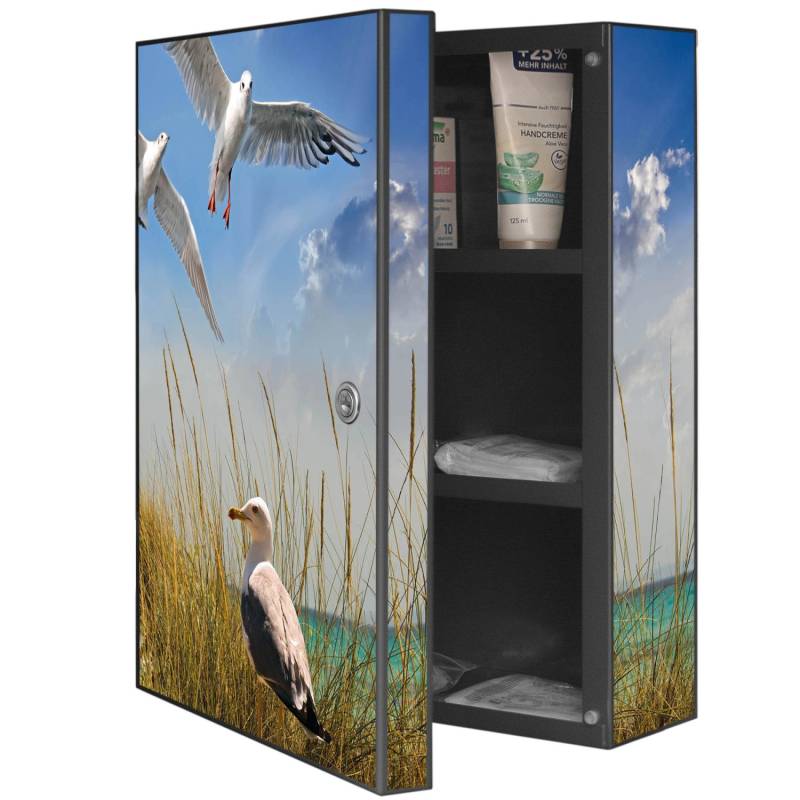 Banjado XXL Medizinschrank Abschliessbar 35x46x15cm Arzneischrank Anthrazit Aus Metall Mit Motiv Möwen von Banjado