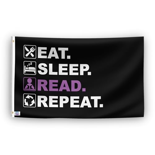 Flagge "Eat Sleep Read Repeat", 90 x 152 cm, strapazierfähiges Polyester, lichtbeständig, wetterfest, für drinnen und draußen von Bannerfi