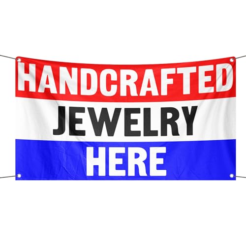 Handgefertigtes Werbebanner "Jewelry Here", 90 x 152 cm, strapazierfähiges Polyester, lichtbeständig, wetterfest, für Innen- und Außenbereich Handgefertigtes Werbebanner "Jewelry Here", 90 x 152 cm, strapazierfähiges Polyester, lichtbeständig, wetterfest, für Innen- und Außenbereich von Bannerfi