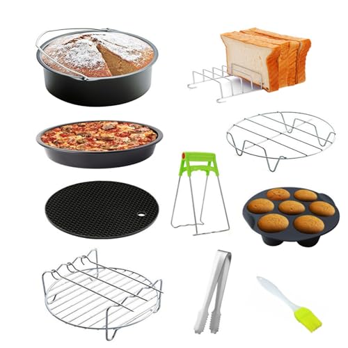 10 Stück Airfryer Zubehör, mit 6-Zoll-Kuchentrommel, Silikon-Luftfritiereinlage, wiederverwendbar Air Fryer Racks, Pizzapfanne, Cupcake-Pfanne, Spießgestell für Backofen und Mikrowelle von Banziaju