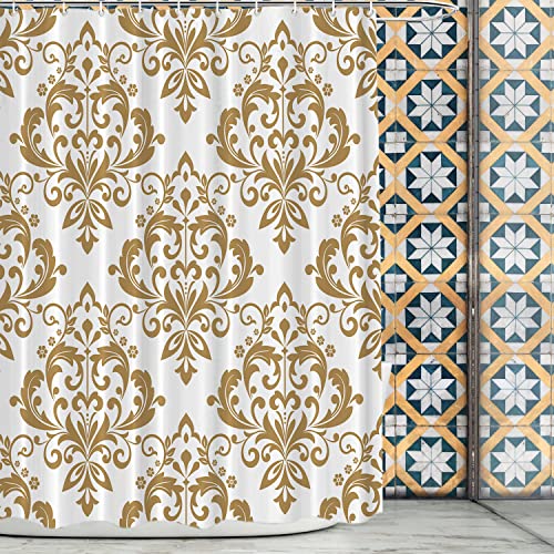 BaoNews Damask Floral Decor Shower Curtain,Baroquewhite and Gold Ornament Polyester Shower Curtain for Shower Stall Bathroom Waterproof with 10 Hooks 60x72 Inch von BaoNews