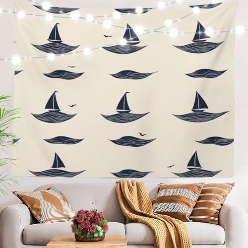BaoNews Maritimer Ozean-Wandteppich, Meereselemente, Boot, großer Wandbehang, Polyester-Tischdecken, Wandteppich, Schlafzimmer, Wohnzimmer, Wohnheim, 130 x 150 cm von BaoNews