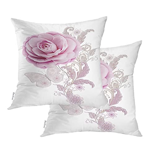 BaoNews Pink Roses Throw Pillow Covers,Lace and Pearls Pink Roses Butterflies Cushion Cover Digital Blended Hidden Zipperl Decorative Pillowcases for Hair Skin Square 18X18 IN 2 Pcs von BaoNews