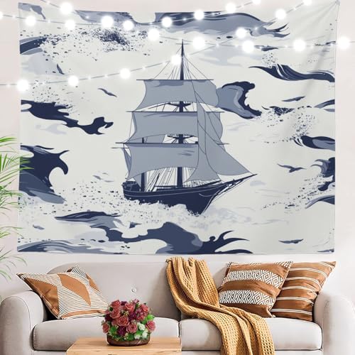 BaoNews Segelschiff Maritimer Wandteppich, Ozeanwellen, nautisch, großer Wandbehang, Polyester-Tischdecken, Tapisserie, Schlafzimmer, Wohnzimmer, Wohnheim, 100 x 150 cm von BaoNews