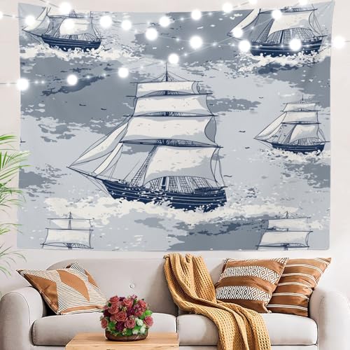 BaoNews Wandteppich mit maritimen Segelschiffen, Meereswellen, nautischer großer Wandbehang, Polyester-Tischdecken, Wandteppich, Schlafzimmer, Wohnzimmer, Wohnheim, 100 x 150 cm von BaoNews