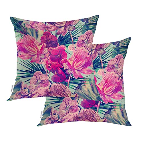 BaoNews Watercolor Tropical Palm Throw Pillow Covers,Pink Beautiful Floral Flower Cushion Cover Digital Blended Hidden Zipperl Decorative Pillowcases for Hair Skin Square 16X16 IN 2 Pcs von BaoNews