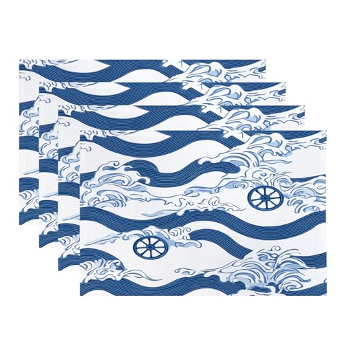Baonews Maritime nautische Tischsets, Ozeanwellen, Schiffselemente, Platzsets für Esszimmer/Küchentisch, wasserdicht, waschbar, Leinen, Wärmeisolierung, Esstischsets, 30,5 x 45,7 cm, 4 Stück von BaoNews
