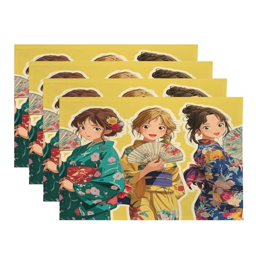 Baonews Niedliche Anime-Manga-Mädchen im Kimono, faltbare Fächer, japanische ästhetische Kunst, Platzsets für Ess-/Küchentisch, wasserdicht, waschbar, Leinen, Wärmeisolierung, 30,5 x 45,7 cm, 4 Stück von BaoNews