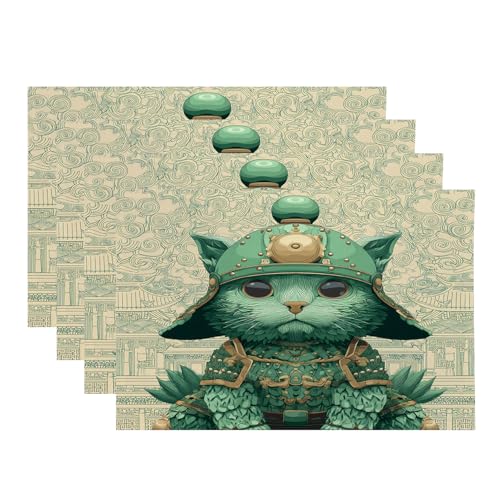 Baonews Platzsets mit Katzen-Kriegermotiv, mit Jadeverzierung, traditionelle Rüstung, mythische Katze, Platzsets für Ess-/Küchentisch, wasserdicht, waschbar, Leinen, Wärmeisolierung, 30,5 x 45,7 cm, 4 von BaoNews