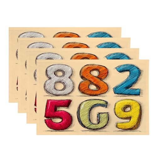 Baonews Platzsets mit farbigen Ziffern, skizzierte Ziffern, Zahlen, Grafiken, Platzsets für Esszimmer/Küche, wasserdicht, waschbar, Leinen, Wärmeisolierung, 30,5 x 45,7 cm, 4 Stück von BaoNews