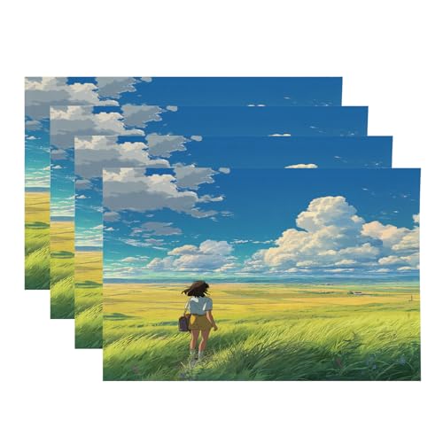 Baonews Platzsets mit offenem Feld, klarer Himmel, niedliche Wolken, Platzsets für Ess-/Küchentisch, wasserdicht, waschbar, Leinen, Wärmeisolierung, 30,5 x 45,7 cm, 4 Stück von BaoNews