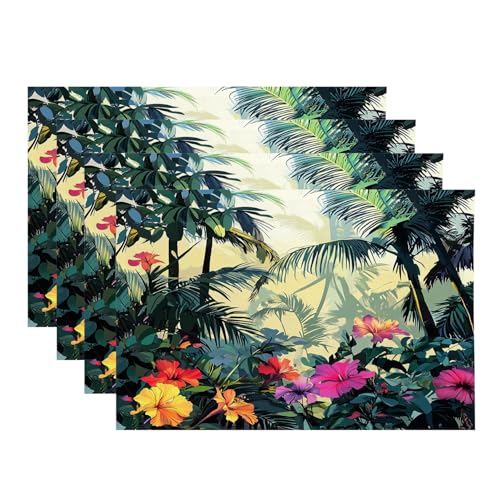 Baonews Platzsets mit tropischen Pflanzen, helle Blüten, sonnige Atmosphäre, üppiges Laub, Platzsets für Ess-/Küchentisch, wasserdicht, waschbar, Leinen, Wärmeisolierung, 30,5 x 45,7 cm, 4 Stück von BaoNews