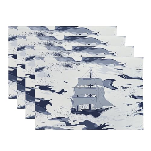 Baonews Tischsets mit Segelschiff, maritim, Meereswellen, nautische Tischsets für Esszimmer/Küche, wasserdicht, waschbar, Leinen, Wärmeisolierung, 30,5 x 45,7 cm, 4 Stück von BaoNews