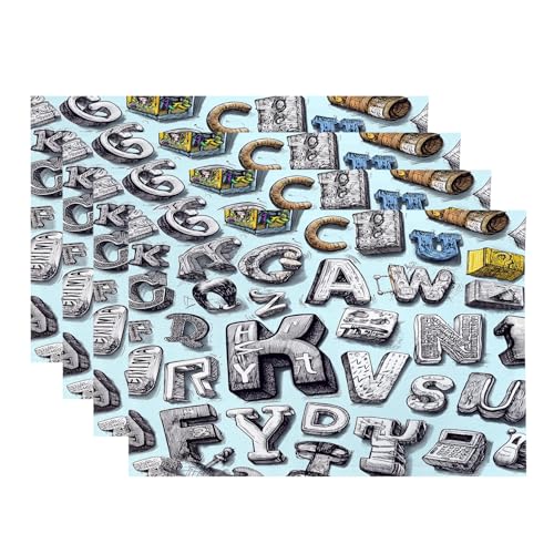 Baonews Tischsets mit künstlerischen Buchstaben, Skizze, Kunst, Typografie, Buchstaben, Platzsets für Ess-/Küchentisch, wasserdicht, waschbar, Leinen, Wärmeisolierung, 30,5 x 45,7 cm, 4 Stück von BaoNews