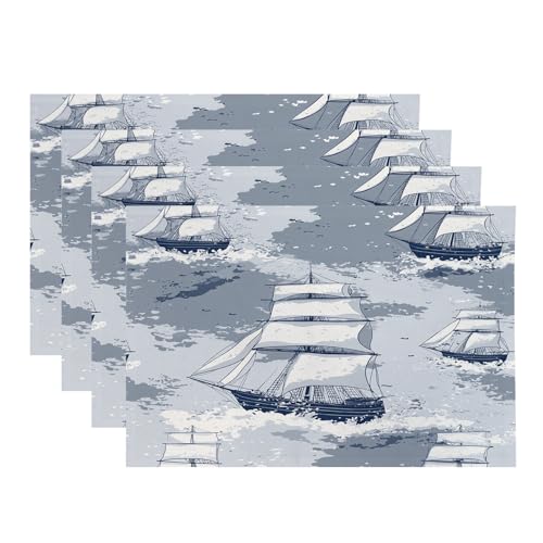 Baonews Tischsets mit maritimen Segelschiffen, Meereswellen, nautische Tischsets für Esszimmer/Küche, wasserdicht, waschbar, Leinen, Wärmeisolierung, 30,5 x 45,7 cm, 4 Stück von BaoNews