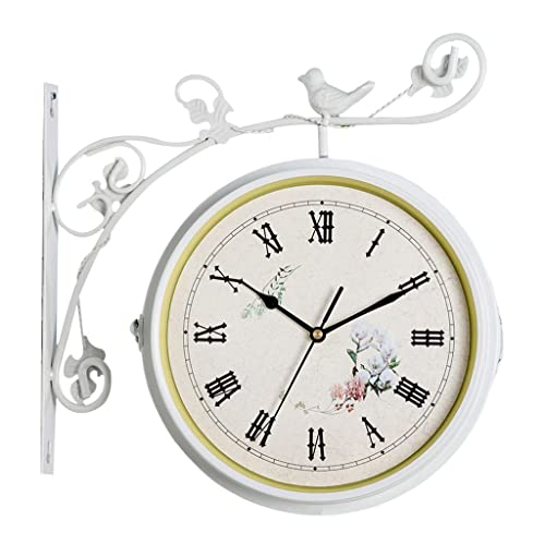 Baoblaze Schmiedeeiserne doppelseitige Retro Wandbehang Uhr Schlafzimmer Garten Außendekoration, WEIß von Baoblaze