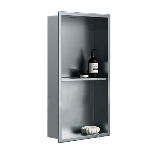Badezimmer-Wandnische, versenkte Duschnische, Doppelregale, quadratisch, Edelstahl mit Trennwand, Keine Fliesen erforderlich, Wandaufbewahrungsregal für Badezimmer und Schlafzimmer Badezimmer-Wandnische, versenkte Duschnische, Doppelregale, quadratisch, Edelstahl mit Trennwand, Keine Fliesen erforderlich, Wandaufbewahrungsregal für Badezimmer und Schlafzimmer von Baodiale