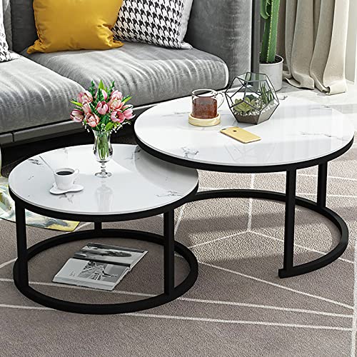Baodiale 2er-Set, runder stapelbarer Couchtisch mit Metallrahmen und Glas-Schreibtischplatte in Marmoroptik, für Home Office, Wohnzimmer oder Lounge, schwarzer Rahmen, 70 cm Weiß und 50 cm Weiß von Baodiale