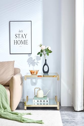 Baodiale Beistelltisch aus Glas, 2-stufig, Acryl, Sofa-Beistelltisch, modisches Design, klein, Kaffeetisch mit goldenem Edelstahlrahmen, 22 Zoll breit, quadratisch, Nachttisch für Schlafzimmer von Baodiale