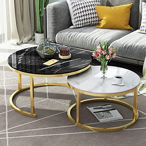 Baodiale Moderne, runde, stapelbare Couchtische mit Metallrahmen und Glasplatten in Marmoroptik, 2er-Set für die Dekoration im Homeoffice oder Wohnzimmer von Baodiale
