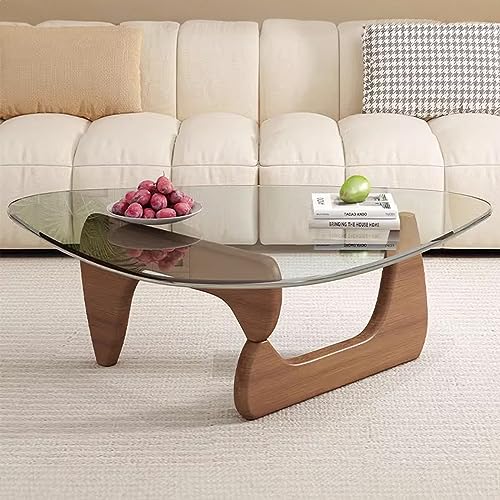 Baodiale Unregelmäßiger dreieckiger Couchtisch aus Glas Massivholzbasis klare Platte moderner Vintage-Beistelltisch. Ideal für Wohnzimmer Terrasse von Baodiale
